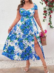 SHEIN Holidaya Plus Size Ruched V-Neck Sleeveless Split Hem A-Line Maxi Dress, Floral Print Romantic Elegant Summer Dress For Party/Vacation - Blue - View 7