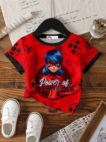 Miraculous Ladybug X SHEIN Camiseta de manga corta con cuello redondo y gráfico de retrato de niña en estilo de dibujos animados, para verano - Blanco - Ver 7