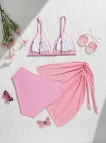 SHEIN 3pcs/Set Teen Girls' Fashionable Minimalist Royal Blue Bikini And Beach Dress Swimsuit Set - Baby Pink - View 2