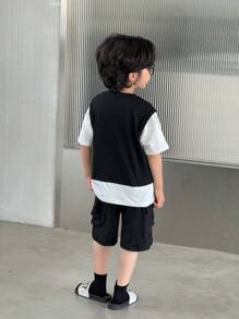 SHEIN 2pcs Young Boy Summer Street Style Letter Print Colorblock Short Sleeve Top And Casual Shorts Set - Black - View 2