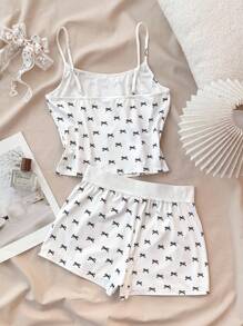 少女春夏情人节、家居、干净女孩/Y2K 风格、蕾丝边蝴蝶结白色蝴蝶结吊带背心和超短裤套装