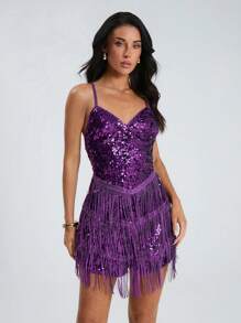 Glamine 分层流苏装饰亮片吊带连体衣，适合节日派对服装 - 紫色 - 查看 4
