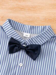 4-Piece Set: Tween Boys Striped Shirt With Bowknot , Contrast Pocket Blazer, And Straight Leg Pants, Gentleman's Suit For Boys, Suitable For Birthday, Wedding, Graduation And Other Formal Occasions - Multicolor - View 4