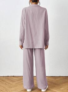 SHEIN PETITE 2 Pieces Women Solid Color Long Sleeve Shirt And Long Pants Set, Minimalist And Fashionable, Suitable For Summer - Baby Pink - View 2