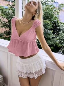 SHEIN EZwear 女士纯色荷叶边V领无袖A字衬衫 - 粉色 - 查看 5