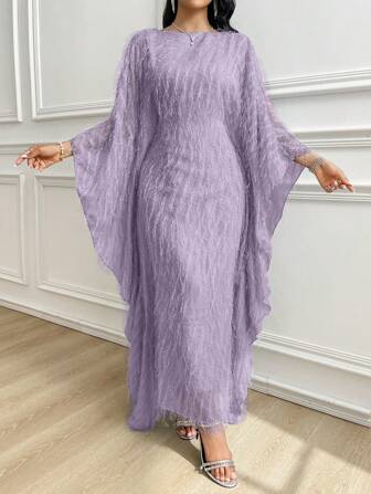 Al Najma Women Solid Color Tassel Round Neck Batwing Sleeve Elegant Arabic Style Dress, Modest Kaftan