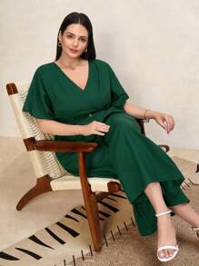 SHEIN Clasi Plus Size Women's V-Neck Cinched Waist Linen- Jumpsuit,Dark Green,Summer,Curve,Elegant,Cocktail,Easter,Festival,Derby,Graduation,Church Outfits - Green - View 7