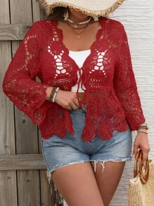 SHEIN VCAY Plus Size Hollow Out Knitted Cardigan, Fashionable For Summer In Fall/Winter - Red - View 1
