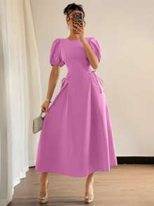 Elenzga 2025 Summer French Style Blue Regular Shoulder Puff Sleeve Ruched Tie-Up Fitted Elegant Mini Dress - Pink - View 7