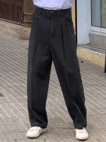 DAZY Men's Plain Navy Blue Formal Business Trousers, Spring - Navy Blue - View 3