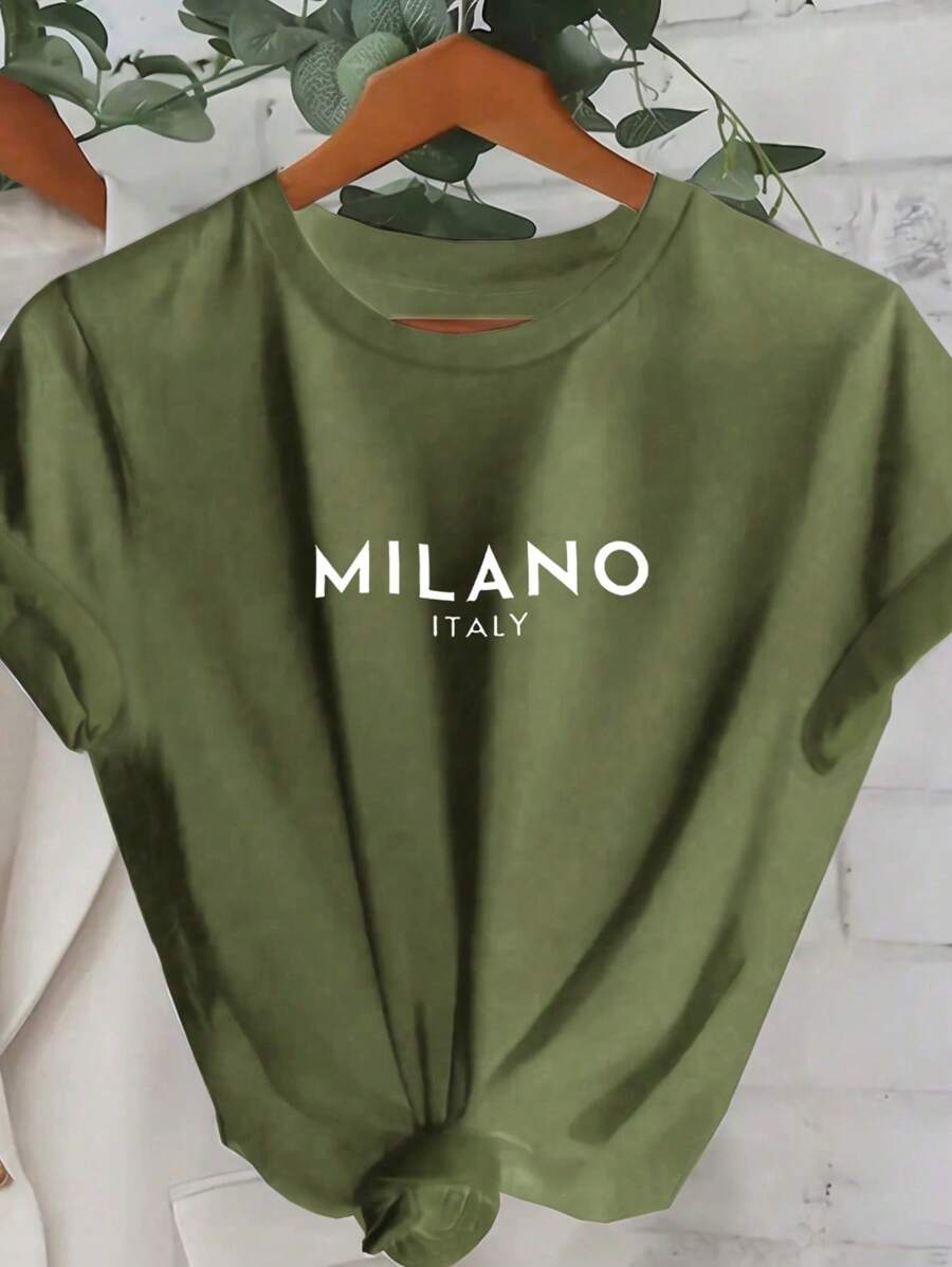 SHEIN MOOSTA Camiseta de cuello redondo con estampado de letras y unicolor para mujer con tallas grandes - Verde Oliva - Ver 1