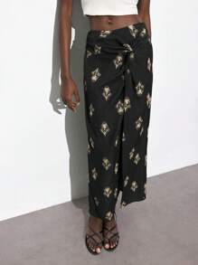 Maija 女士不对称印花扭腰半身裙，舒适休闲百搭，适合节日、海滩、音乐节、万圣节、外出派对等场合。 - 黑色 - 查看 5