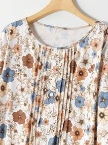 EMERY ROSE 大码女式乡村复古圆领、前领、条纹工艺、装饰纽扣、七分袖夏季上衣