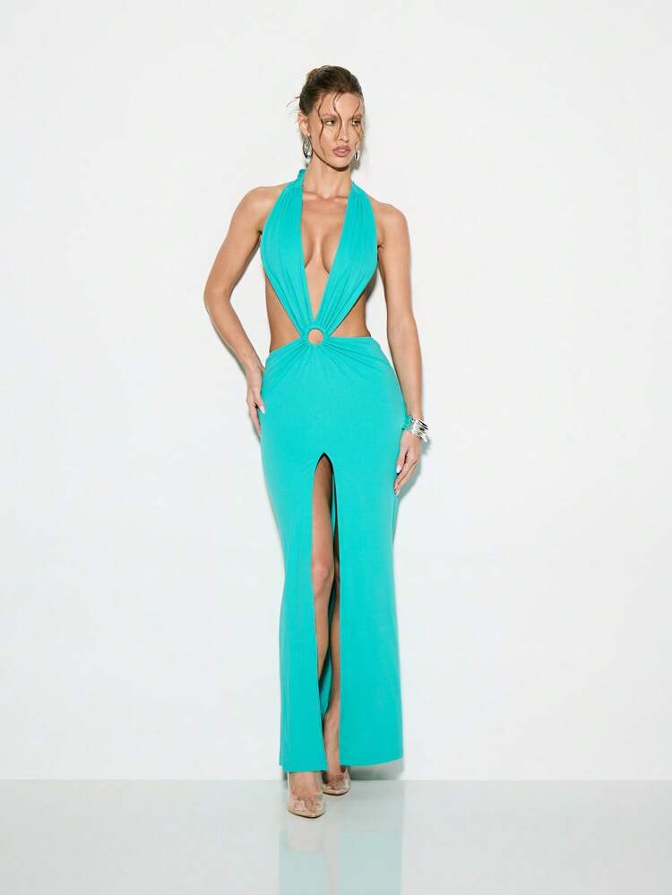KIZN Halter Plunge Neck Cut Out Backless Maxi Dress