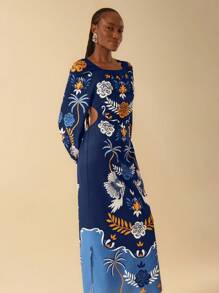 CAJUNI Vestido de estilo vacacional con espalda descubierta, tirantes con lazo y estampado tropical de árboles de coco, loros y plantas, manga larga, para mujer - Multicolor - Ver 4