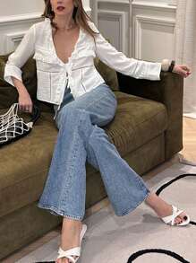 Chiquease 时尚蝴蝶结拼布蕾丝镂空V领长袖开衫 - 白色 - 查看 1