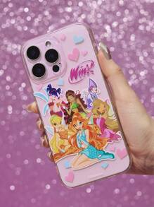 The Winx X SHEIN Custodia telefonica in TPU trasparente e glitter rosa con il motivo delle personaggi magici Bloom, Stella, Flora, Musa, Tecna, Aisha, compatibile con iPhone