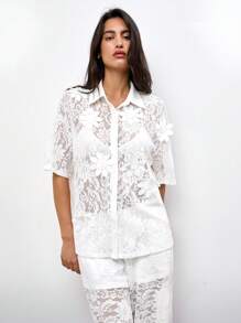 Maija Áo nữ mùa hè họa tiết hoa 3D, phong cách nghỉ dưỡng hiện đại, thoải mái, vừa vặn, cổ áo polo trễ vai, tay ngắn thêu họa tiết bãi biển Ibiza, áo kiểu Bohemian thanh lịch và trí thức, dành cho khách dự tiệc cưới, kiểu dáng Pháp rộng rãi, sang trọng, tinh tế, phong cách quý tộc cổ điển, trang phục du lịch biển. - trắng - Xem 6