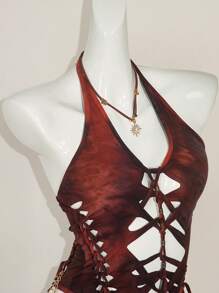 SHEIN ICON Coachella Beaded Summer Outfits For Women Boho Vacation  Country Concert Outfit  Tie-Dye Cross-Back Halter Neck Woven Chain Decor Bodysuit