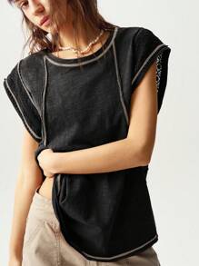 Bohemela Plus Size Casual Loose Solid Color Washed Knit Crew Neck T-Shirt, Summer