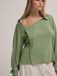 MUSERA Blusa asimétrica de manga larga con botones y cuello asimétrico en talla grande para cita nocturna, noche de chicas, sexy, elegante, club, fiesta, vacaciones, ocasiones, invitada de boda