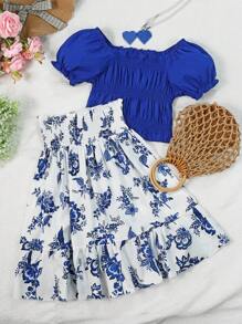 SHEIN 2 件套青少年女孩优雅褶皱泡泡袖纯色方领衬衫 + 彩色印花 A 字裙套装，适合夏季外出和度假 - 寶藍色 - 查看 3