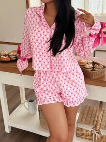 爱心印花蝴蝶结女士睡衣套装，秋冬服装