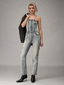 Easelle Women's Washed Blue Denim Jumpsuit With Button Front, Pocket Details - Medium Wash - View 2