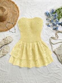 Lunelith SHEIN Lunessa Vacation Style Navy Blue Shirred Sleeveless Halter Sexy Waist Hollow Embroidered Ruffle Hem Elegant Dress