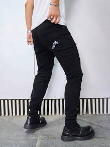 Manfinity LEGND Men's Black Ripped Denim Jeans: Stylish Distressed Long Jeans With Knee Rip Detailing - Black - View 2