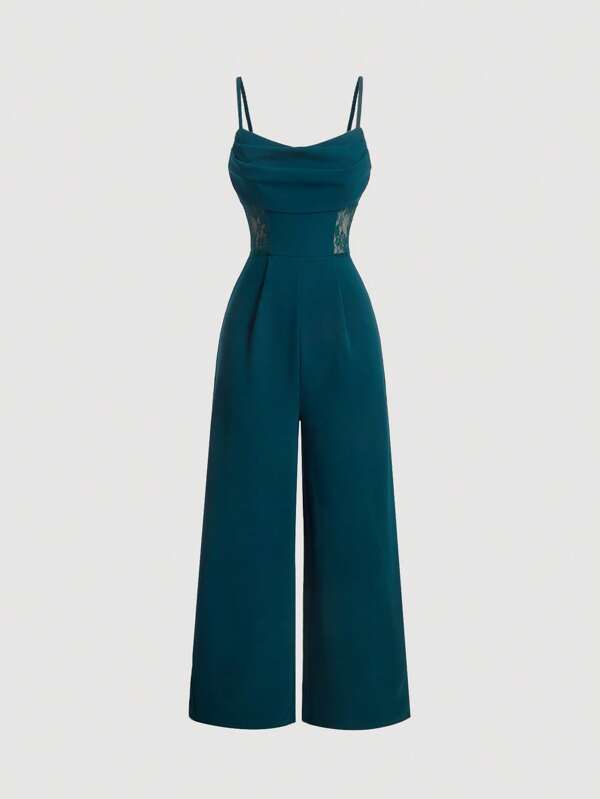 SHEIN MOD Sommer drapierter Ausschnitt dunkelgrüner Jumpsuit, Retro Spitze Ausschnitt, Weites Bein Jumpsuit, Hochzeit Frauen Jumpsuit, Herbst/Winter Jumpsuit, Lehrerbekleidung, Old Money Stil Jumpsuit, Business Lässig Jumpsuit, Brunch Jumpsuit, Ausgehanzug, Formeller Jumpsuit