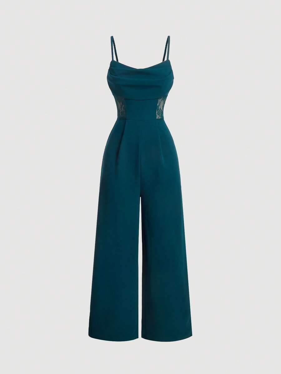 SHEIN MOD Summer Draped Neck Dark Green Jumpsuit,Retro Lace Hollow Out , Wide Leg Jumpsuit,Wedding Women Jumpsuit,Fall/Winter Jumpsuit,Teacher Clothes,Old Money Style Jumpsuit,Business Casual Jumpsuit,Brunch Jumpsuit,Going Out Jumpsuit,Formal Jumpsuit - Dark Green - View 1