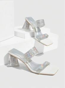 CUCCOO SZL Sandalias de diapositiva de gelatina plateada y transparente con tiras anchas, puntera cuadrada, tacón grueso, cristales brillantes y diseño glamoroso y sexy, adecuadas para fiestas de verano, festivales de música, bares, discotecas y vacaciones - Plateado - Ver 3