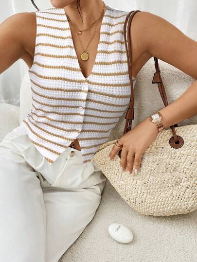SHEIN Frenchy Women's Sleeveless V-Neck Striped Vest, Fashionable For Summer Brown