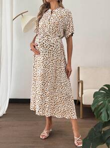 SHEIN Abito casual da vacanza in maternità con stampa all-over e vita con laccetto