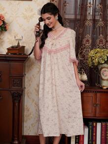 PalaceNights Contrast Color Lace Patchwork V-Neck Vintage Palace Ditsy Floral Long Nightgown Babydoll Luxe Loungewear - Multicolor - View 5