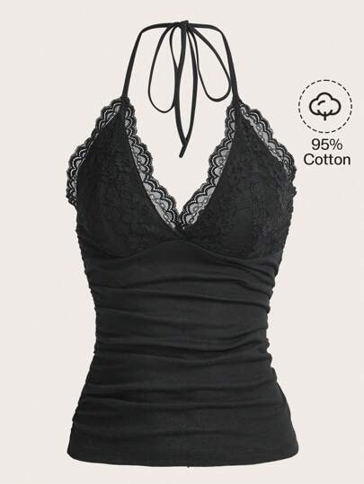 Grunge Top con scollo all'americana in pizzo a contrasto senza guanti