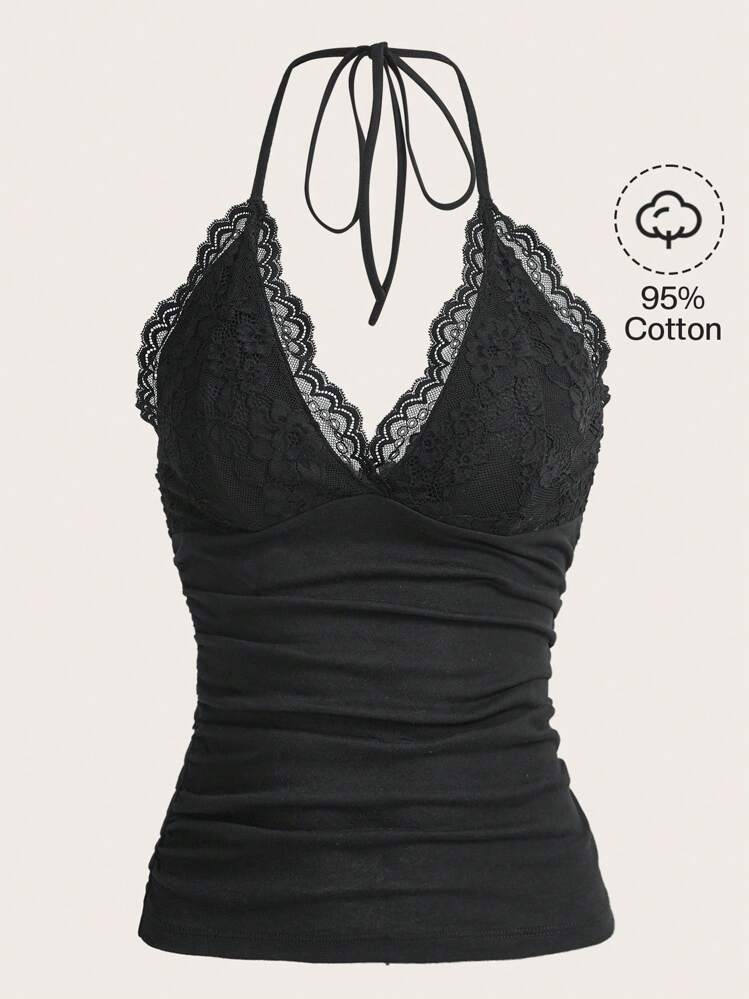 ◇Pleasenofollow◇ Juni Lace Shirring Halter Top Charcoal ROMWE PUNK Grunge Contrast Lace Ruched Halter Top Without