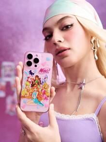 The Winx X SHEIN Custodia telefonica in TPU trasparente e glitter rosa con il motivo delle personaggi magici Bloom, Stella, Flora, Musa, Tecna, Aisha, compatibile con iPhone