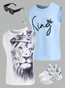 SHEIN Leap Crew 2pcs Tween Boy Versatile Comfortable Printed Loose Fit Crew Neck Sleeveless Knit Tank Top 2 Set Pack - Multicolor - View 9