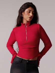 Forever 21 Women's Solid Color Stand Collar Half Zip-Up Fitted Long Sleeve Top - Red - View 6
