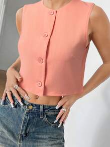 SHEIN EZwear Women's Simple Solid Color Front Button Round Neck Vest, Summer