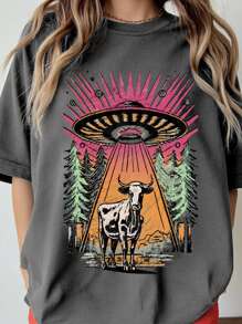 SHEIN CURVE+ UFO 奶牛 T 恤，趣味复古外星人图案 T 恤，男女通用柔软彩色 T 恤，加大码美观 UFO 图案女式 T 恤