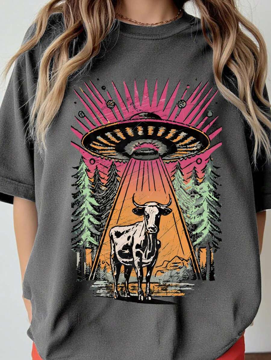 SHEIN CURVE+ UFO 奶牛 T 恤，趣味复古外星人图案 T 恤，男女通用柔软彩色 T 恤，加大码美观 UFO 图案女式 T 恤