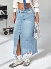 SHEIN Cottnline Ladies' Ripped Front Slit Denim Skirt - Blue - View 2