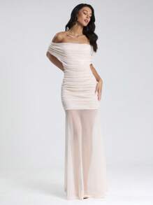 Glamine Đầm dài thanh lịch trễ vai xếp ly màu trơn cho nữ - Màu be - Xem 3
