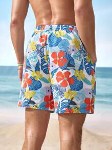 Shark Week X SHEIN Men's Tropical Floral Print Drawstring Waist Beach Shorts, Summer - Multicolor - View 2