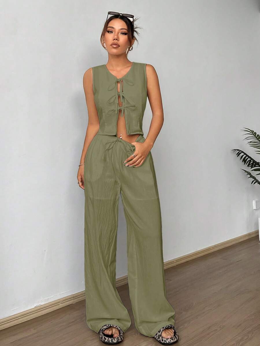 SHEIN EZwear 女式夏季梭织浅军绿色前系带上衣和裤子套装 - 軍綠色 - 查看 1