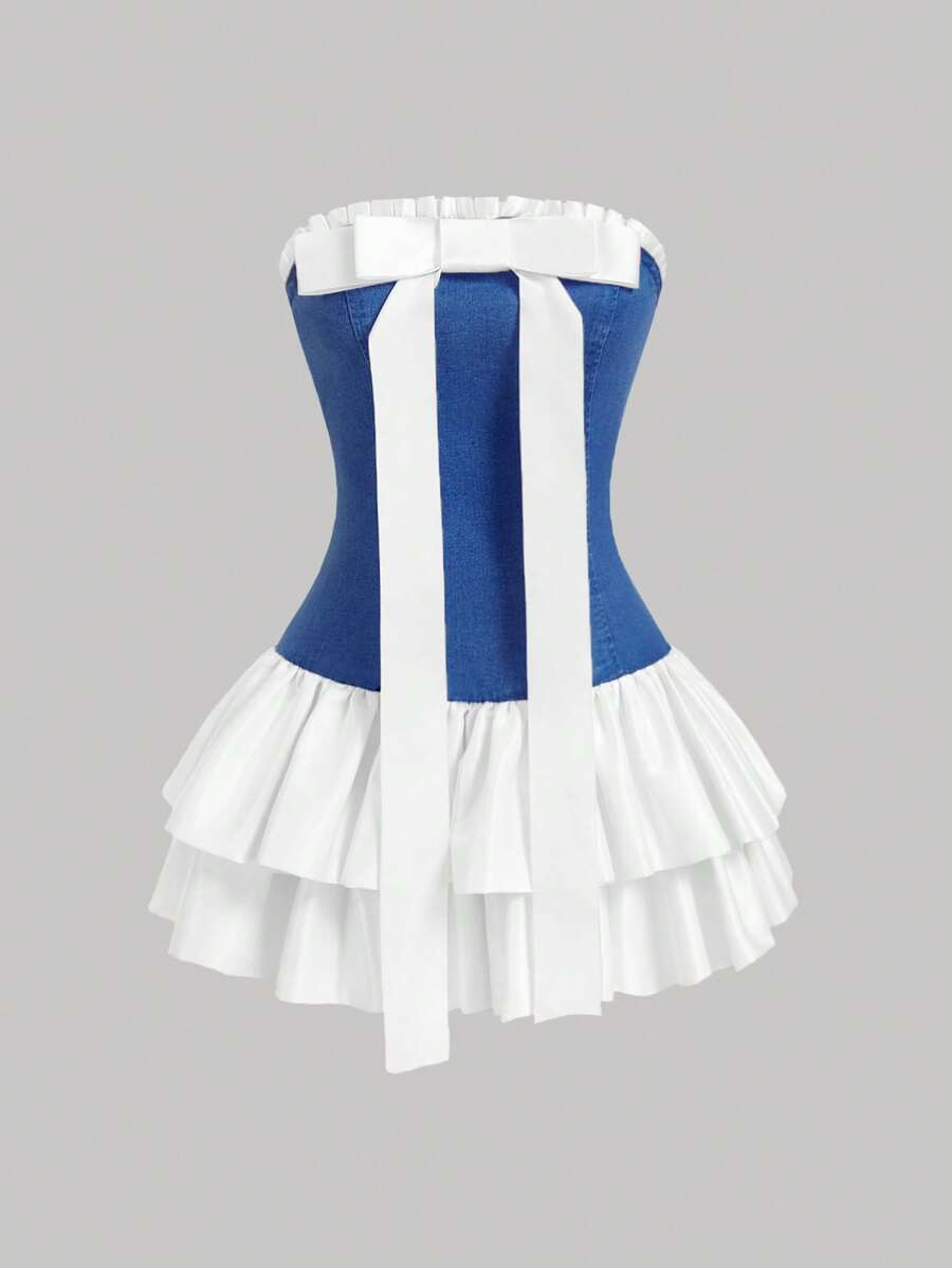 SHEIN MOD Women's Casual Colorblock Ruffled Hem Strapless Denim Dress, Summer - Blue - View 1