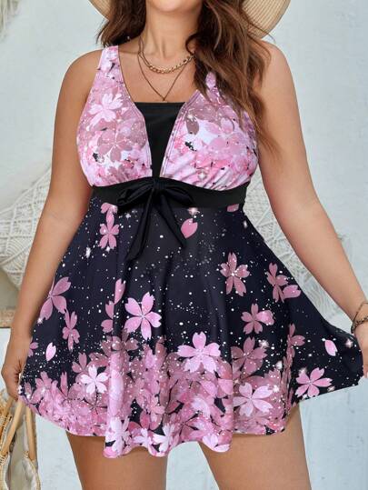 Swim Lushoire Plus Size 2pcs Set Halter Sleeveless High Waist Bow Decor Romper Shorts Swimsuit Casual Beach Holiday Pool Side Swimwear Outfit For Summer Beach Vacation